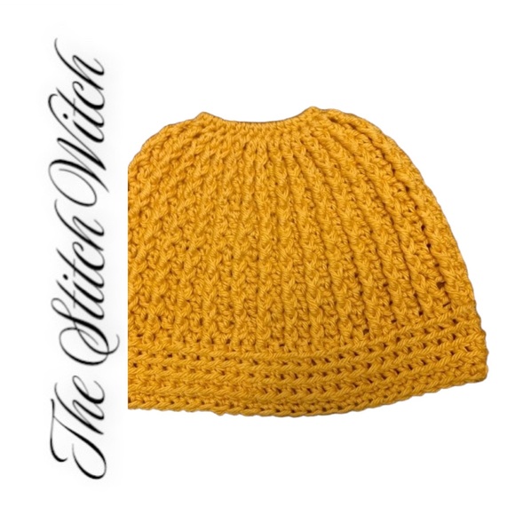 🔥SOLD🔥 Crochet Mustard Yellow Messy Bun Ponytail Beanie - Picture 2 of 14